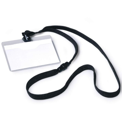 Держатель для бэйджа/ID-карты горизонтальный&nbsp;&nbsp;90х60мм Durable с безопасным замком на черном шнуре 1/44см