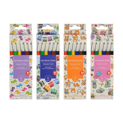 Фломастеры   6цв BrunoVisconti® 'HappyColor' в картонной коробке 4 дизайна