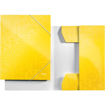Папка с 2-я резиновыми застежками картонная A4 до 250л с 3 клапанами Leitz глянцевая WOW желтая