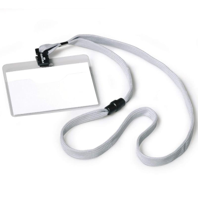 Держатель для бэйджа/ID-карты горизонтальный&nbsp;&nbsp;90х60мм Durable с безопасным замком на сером шнуре 1/44см