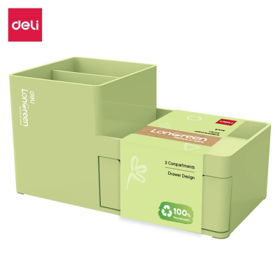 Подставка для принадлежностей Deli 'LonGreen'&nbsp;&nbsp;3 отделения&nbsp;&nbsp;17х9х9см с выдвижным ящиком PCR зеленая