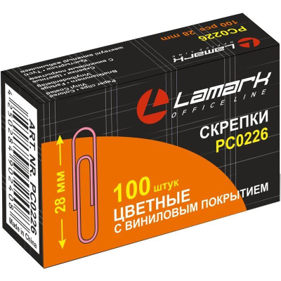 Скрепки 28мм  100шт Lamark цветные с пластиковым покрытием в картонной коробке